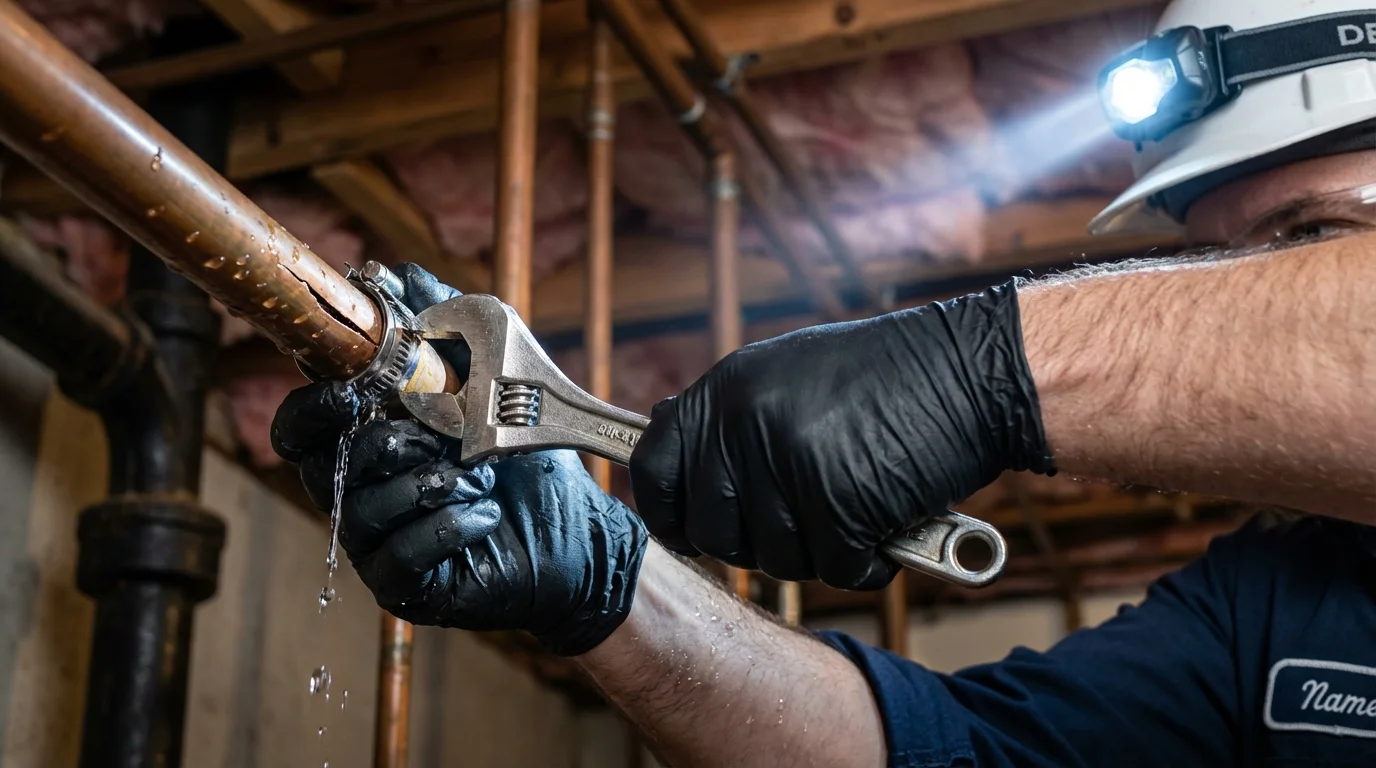 Emergency pipe clamp repair being performed by a Johns Plumbing LLC plumber in Blountstown