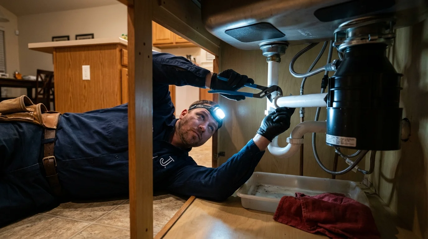 P-trap and supply line connections under a kitchen sink showing a common leak point in Blountstown, FL